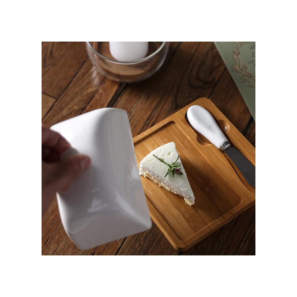 Erfrischendes Design Keramik Butterdose mit Holzdeckel für Käse & Desserts | Porzellan Behälter für hausgemachte Butter | Inklusive praktischem Messer | Attraktive Butterbox