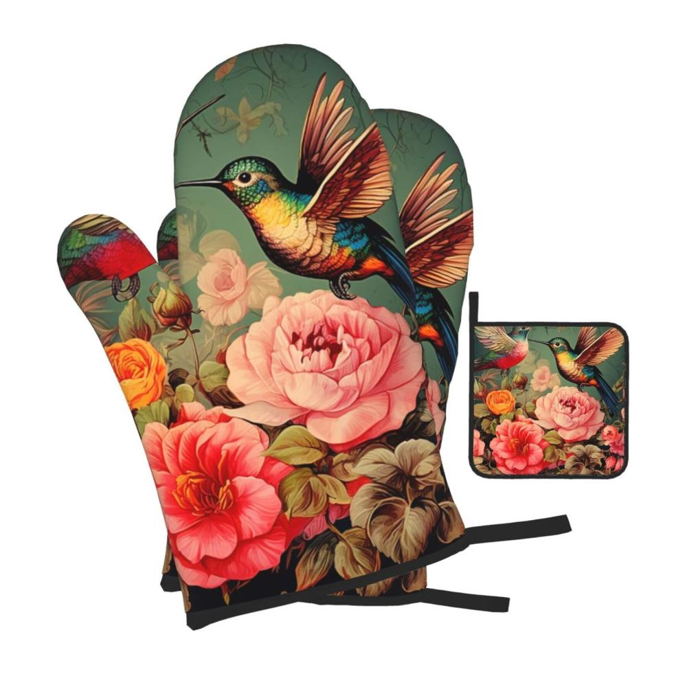 Retro Ofenhandschuhe im Vintage-Stil | Kolibri Rosen | Wasserdichtes Set mit 3 Ofenhandschuhen für Kochen Backen Grillen & mehr in der Küche & Mikrow