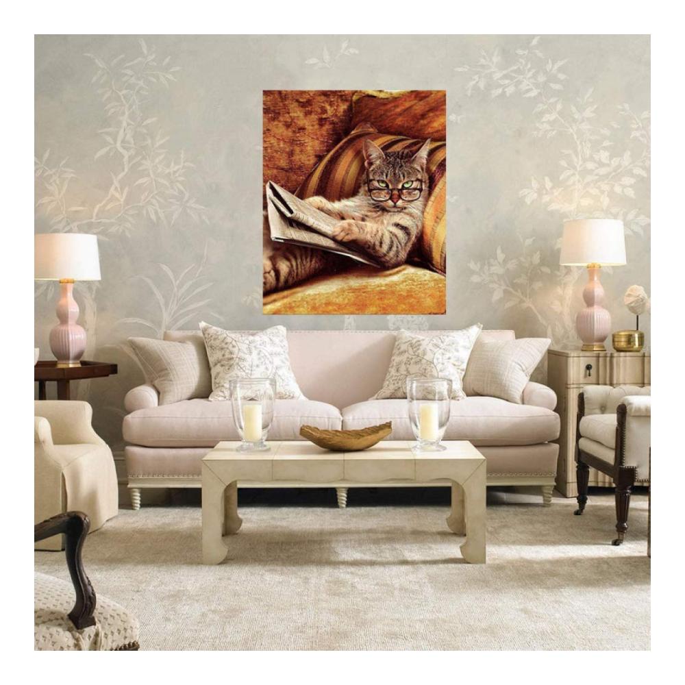 Malen nach Zahlen DIY für Erwachsene Katze mit Brille liest Zeitung auf Sofa – Komplettset mit Pinseln und Acrylfarben für 16x20 Zoll Gemälde. Perfekt für Heimdekoration und kreative Entspan