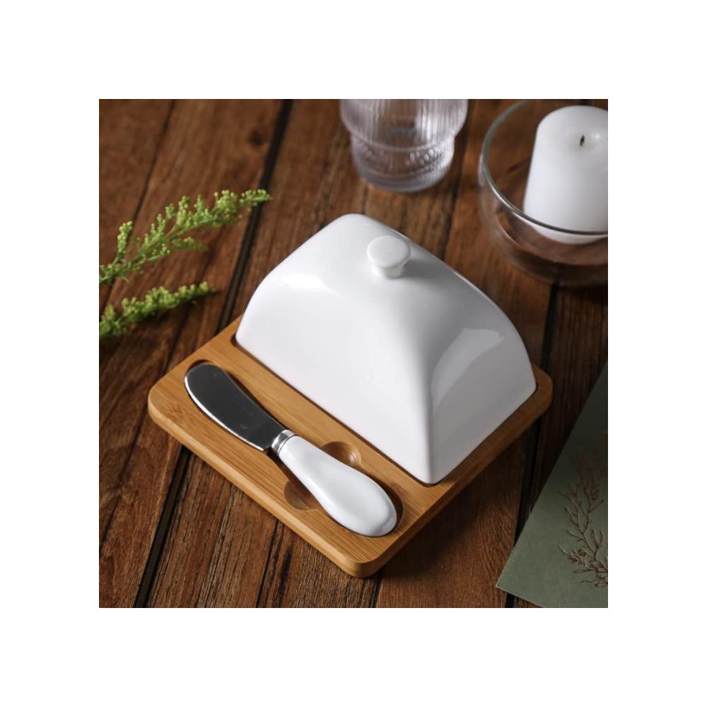 Erfrischendes Design Keramik Butterdose mit Holzdeckel für Käse & Desserts | Porzellan Behälter für hausgemachte Butter | Inklusive praktischem Messer | Attraktive Butterbox