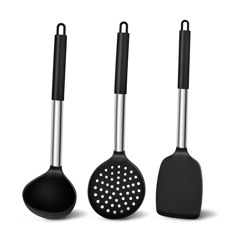 Hochwertiges Küchenhelfer Set 3-teiliges Silikon Pfannenwender Set mit Edelstahlgriff - Hitzebeständig Antihaft & Spülmaschinenfest - Perfekt zum Kochen und Backen