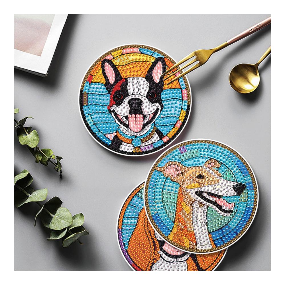 Entdecke den Glanz 4er Set Diamant Painting Untersetzer Hund | Tischuntersetzer für Kunstliebhaber | Dekorative Glasuntersetzer für stilvolle Getränke