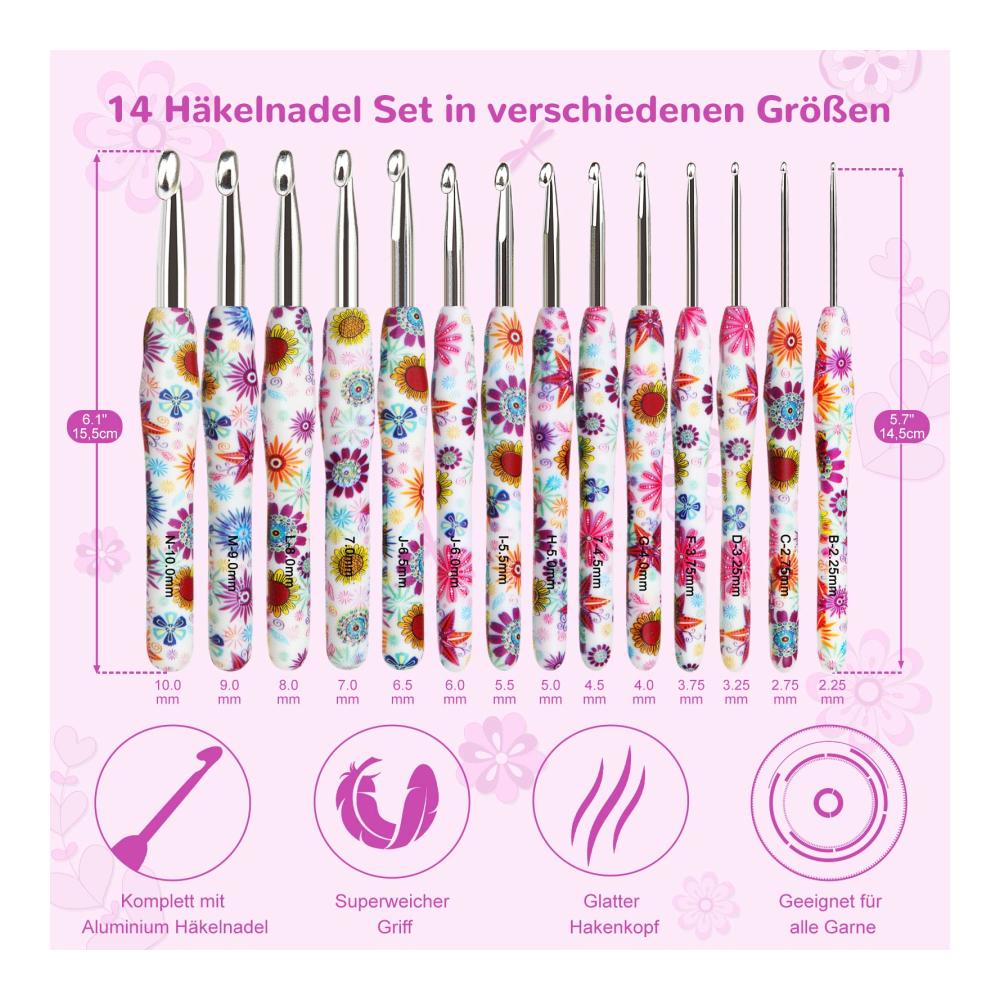 Entdecken Sie die Kunst des Häkelns mit Aeelike 14-teiliges Ergonomisches Häkelnadel-Set inklusive Rote Sonnenblume-Design. Weiche Griffe für Anfänger 2-10 mm Aluminiumhaken für glattes Häkeln. Perfektes Werkzeugset für kreative Häkelprojekte mit hochwertigen Hakenköpfen und ergonomischem Design