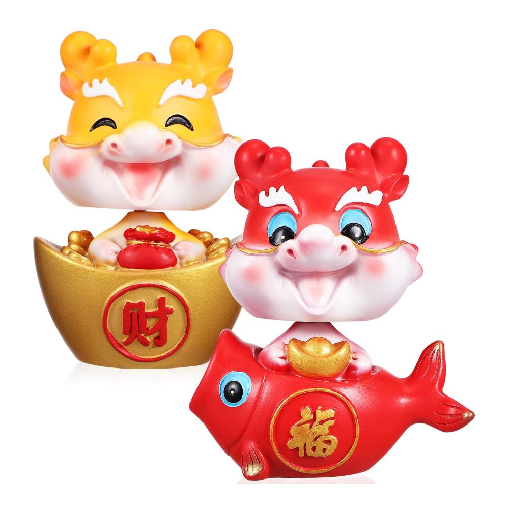 Chinesische Drachenfiguren - Glücksbringer aus Kunstharz für 2024! Feng Shui Tier-Wackelköpfe perfekte Auto-Dekoration für Reichtum und Glück im neuen Jahr