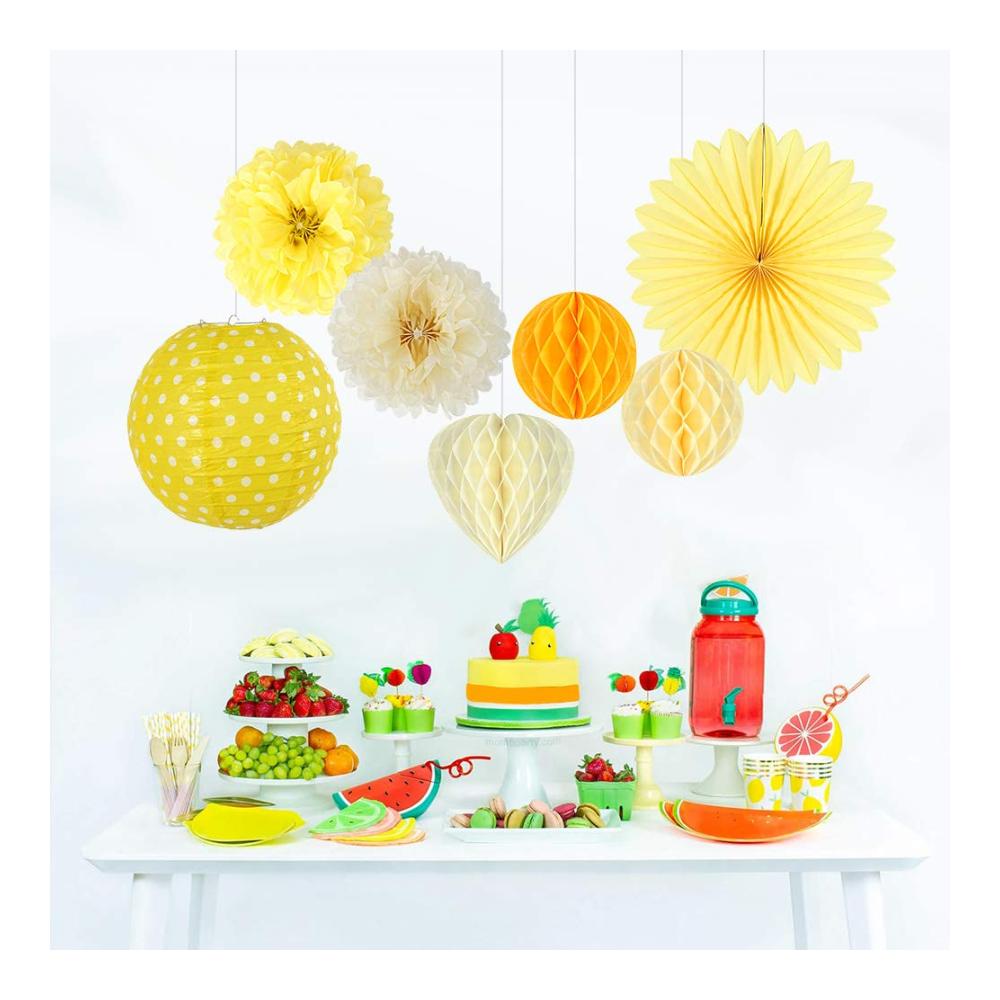 Magische Zeremonie 7-teiliges Set Gelb Serie Papier Lampion PomPoms Wabenbälle Fächer für Party Dekoration und Feiern