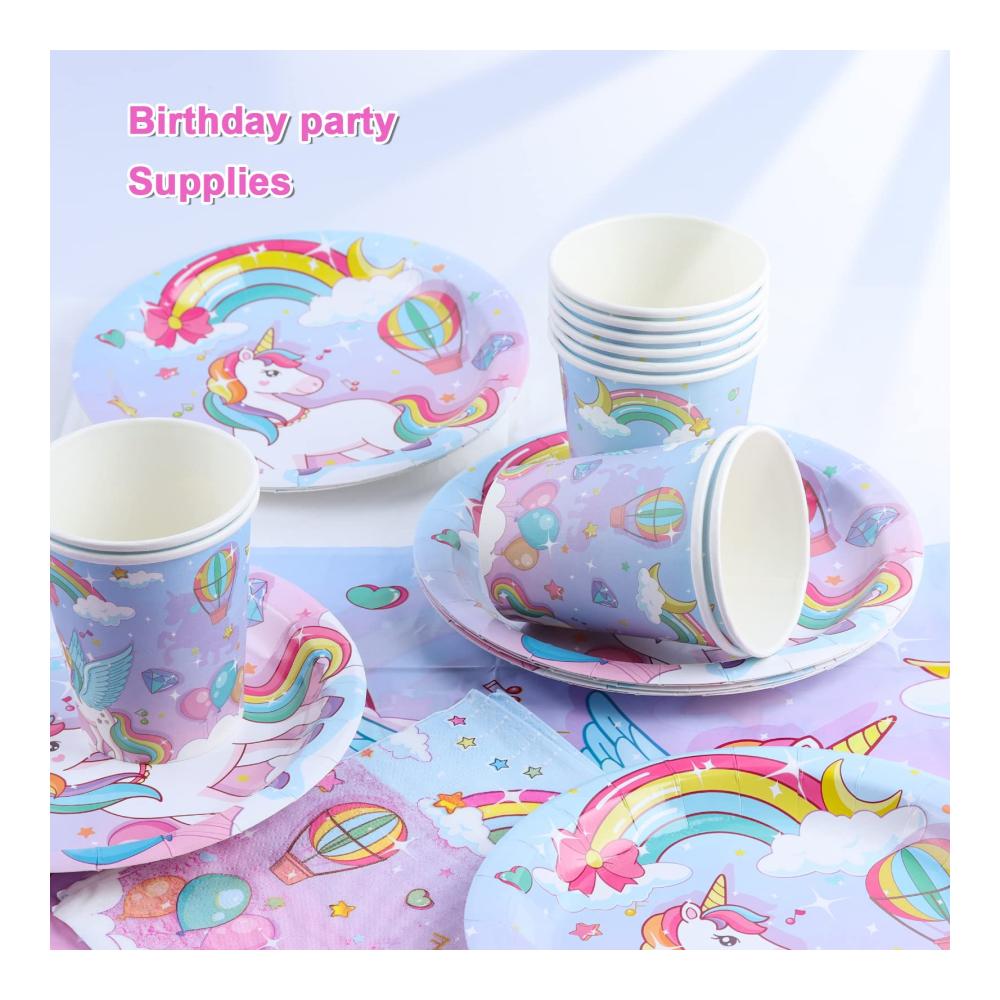 Einhorn Geburtstagsdeko Set - Partyzubehör & Dekoration für Kindergeburtstag - Einhorn Pappteller Becher Servietten & Tischdecke - Magische Einhorn Partygeschirr für unvergessliche Feiern