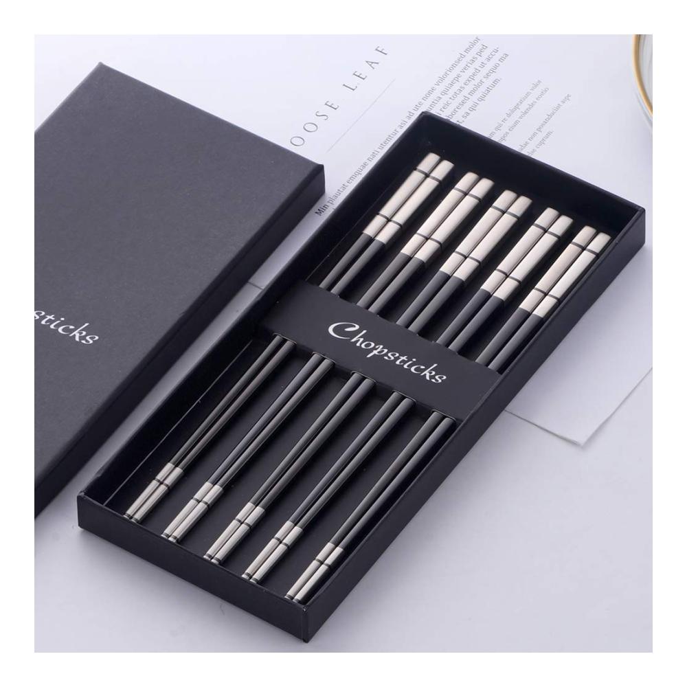 Hochwertige Edelstahl Essstäbchen Set Schwarz | 5 Paar Metall Sushi Stäbchen | 234cm Länge | Spülmaschinenfest | Ideal für Japanisch & Koreanisch Küche | Geschenk für Weihnachten/Geburts