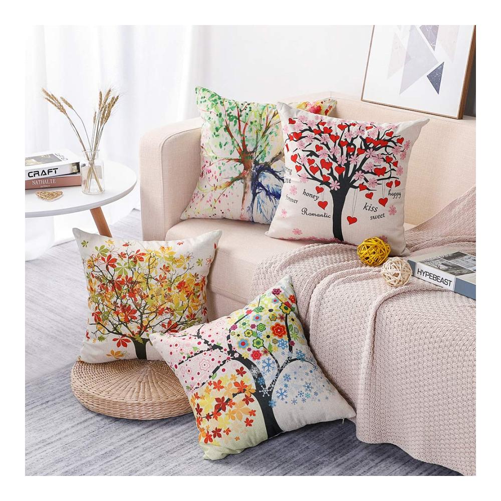Bunter Baum des Lebens 4er-Set Zierkissenbezüge 45x45cm - Dekorative Polyester-Leinen Kissenhüllen für Sofa Auto Schlafzimmer - Dekokissen & -hüllen für stilvolles Zuhause