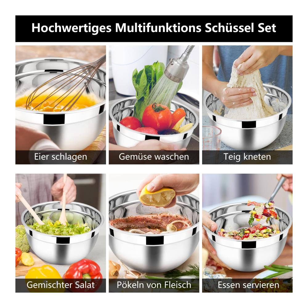 Rührschüsseln Set aus Edelstahl mit luftdichtem Deckel - Ideal zum Backen Kochen und Zubereiten - Stapelbar und Spülmaschinenfest - 3-teilig (4.5L / 2.7L / 1.5L) - Schwarz