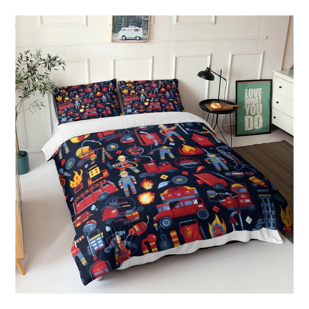 3D Gedrucktes Feuerwehrauto Bettwäsche-Set | Kinder Mädchen Jungen | Weiche Microfaser | 3-teilig | Doppelt (200x200cm) | Mit Reißverschluss | Firefighting-Thema | Atmungsaktiv | Hypoallergen | Maschinenwaschbar | Perfekt für kleine Helden