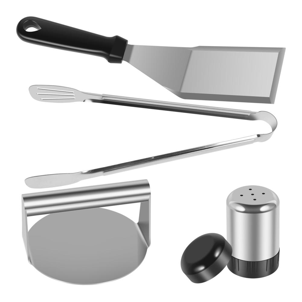 Edelstahl Fleischhämmer & Burgerklopfer Set - Profi Burgerpressen Kit für saftige Patties - Inklusive Bratenspatel Lebensmittelzange Fleischpresse & Pfefferstreuer - Premium Zubereitung von Burgersteaks