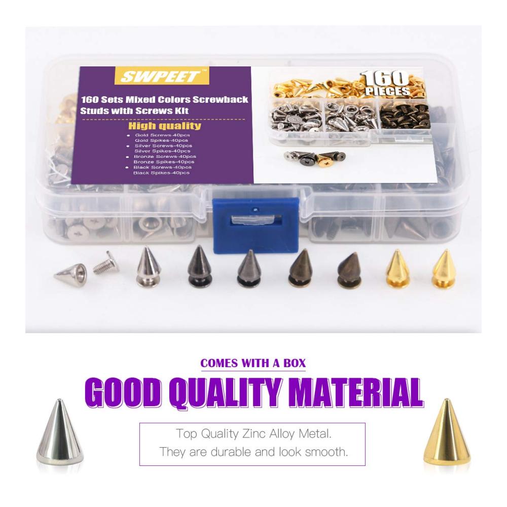 Swpeet 160er Set 4 Farben Leder Spikes & Nieten 7x9.5mm | Metall Schraubverschluss für DIY Handwerk | Punk Rock Zubehör für Lederbearbeitung
