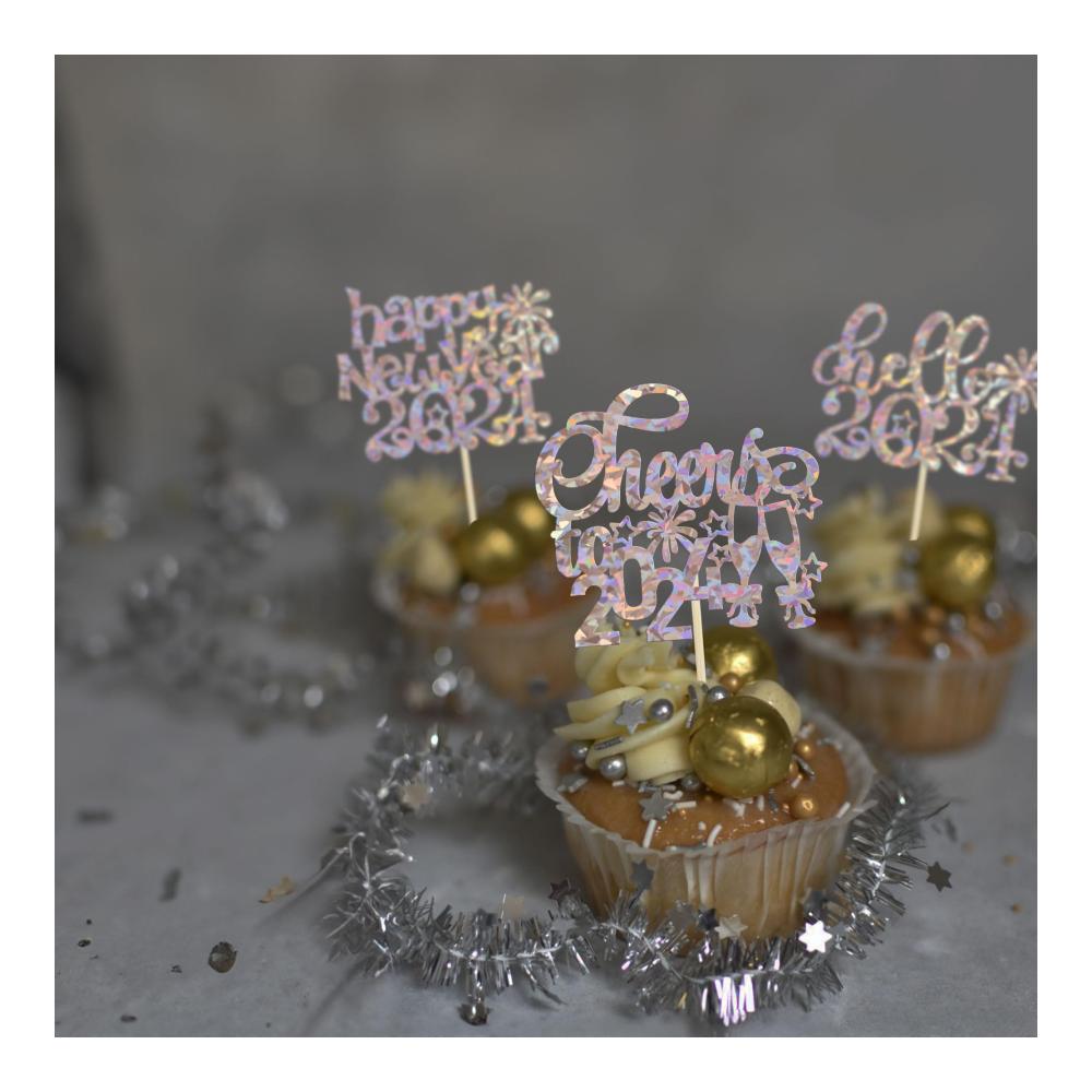 Tortendekorationssets für Silvester 2024 - Glitzernde Cupcake-Topper mit Feuerwerk und Neujahrsgrüßen - Perfekte Partydekorationen für das Feiern bis 2024