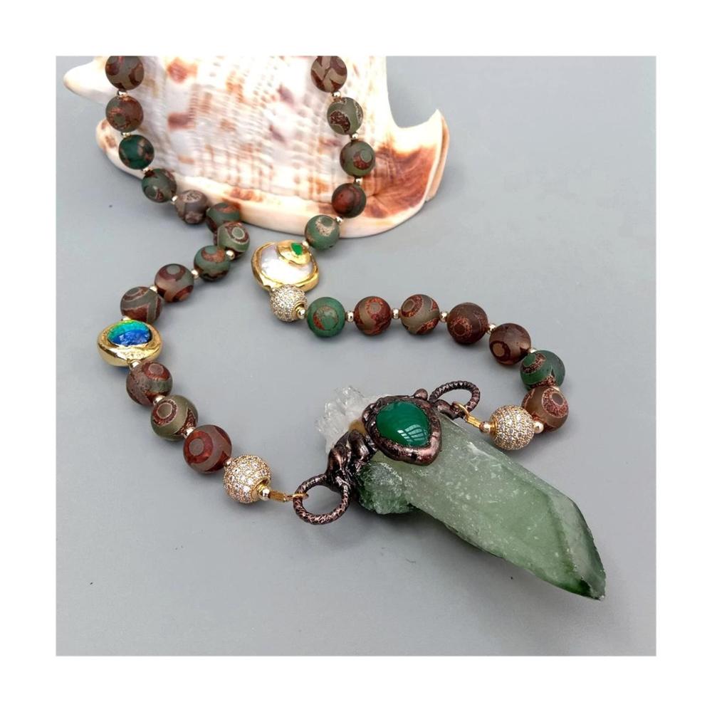 Exklusives Zimmerbrunnenzubehör Feng Shui Wasserquelle für harmonische Wohnaccessoires & Deko - Handgefertigter Achat Münzbrunnen mit Muranoglasperlen grünem Quarzpunkt-Anhänger 24 Zoll Eleganz von QINTINYIN