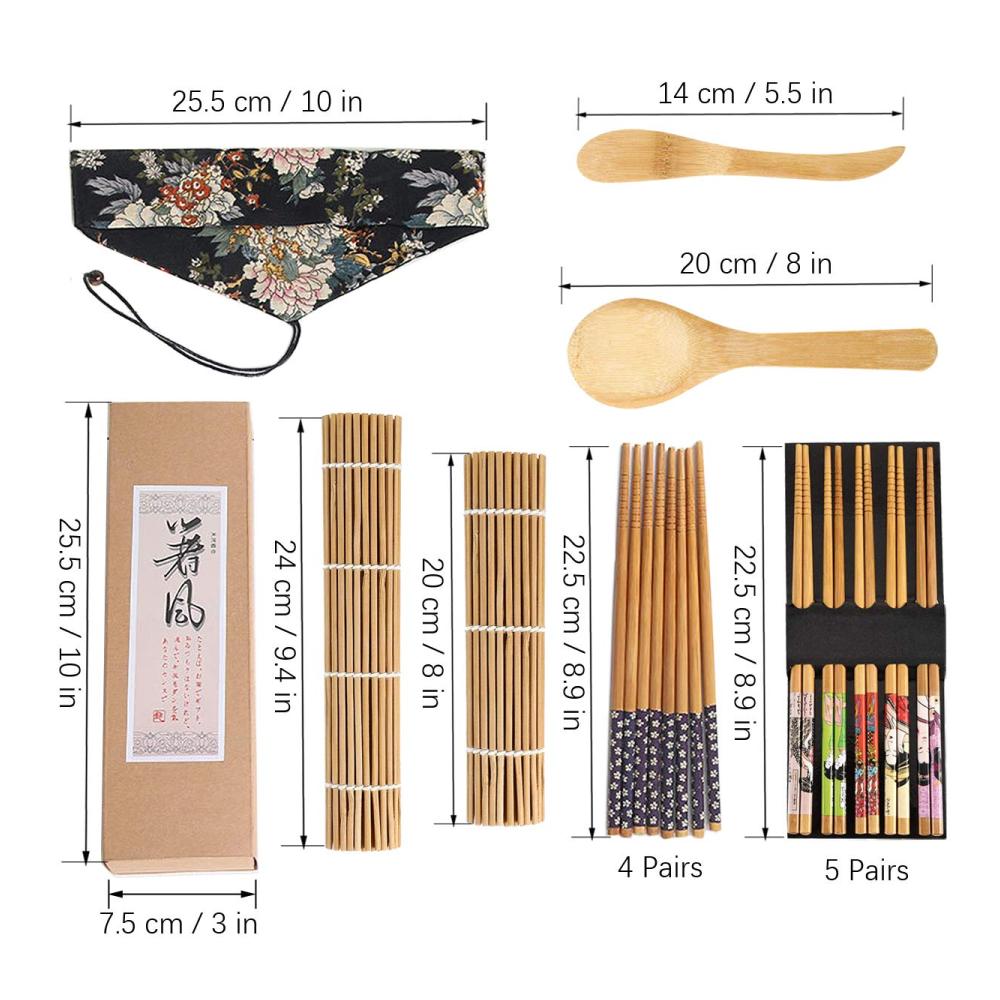 Sushiteller Deluxe Set - 13-teiliges Kit mit Bambus Sushi Matte Karbonisierter Rollmatte Vorhang Maker für Anfänger 2 Rollmatten 10 Paar Essstäbchen Reisstreuer Paddel - Alles was Sie für perfektes hausgemachtes Sushi benötigen