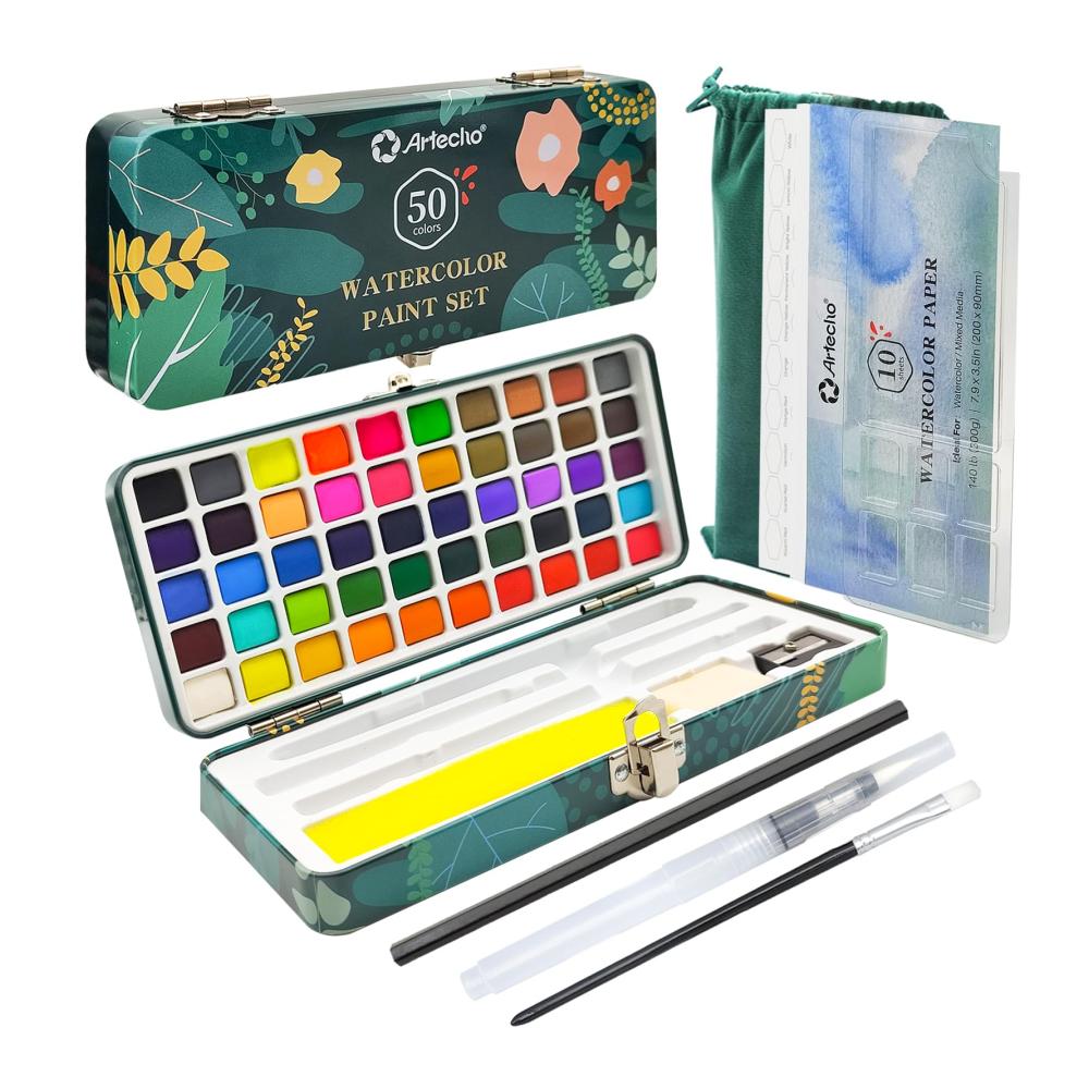 Aquarellfarben Set 50 brillante Farben in praktischer Box | Inklusive 4 fluoreszierende Wasserfarben Aquarellpapier Pinsel & mehr | Ideal für Künstler & Hobbyisten | Hochwertige Farben & Lacke
