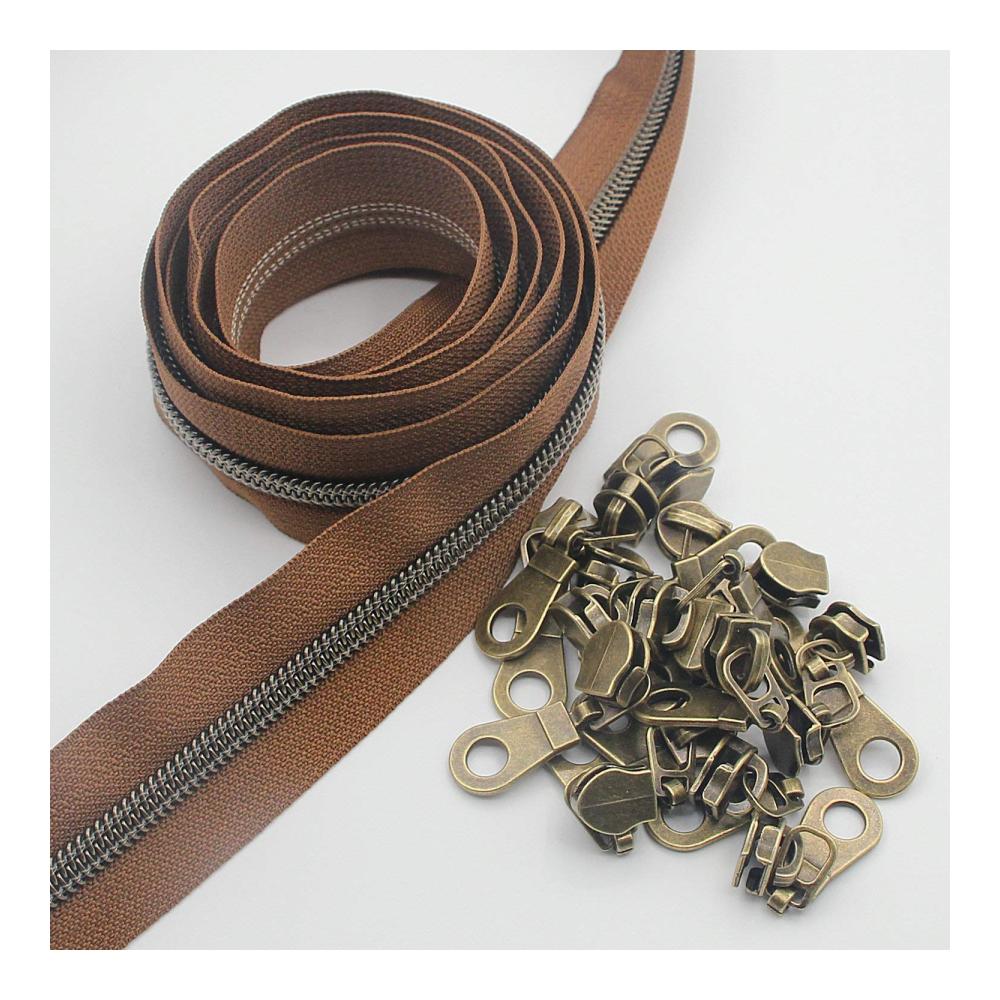 Nähprofis Traum Hochwertige 5 Nylon-Reißverschlüsse 9.1m auf Rolle braunes Band Antik Messing Metallic Zähne. Inklusive 25 Messing-Schieber. Perfekt für DIY Nähen Schneider & Handwerksprojekte