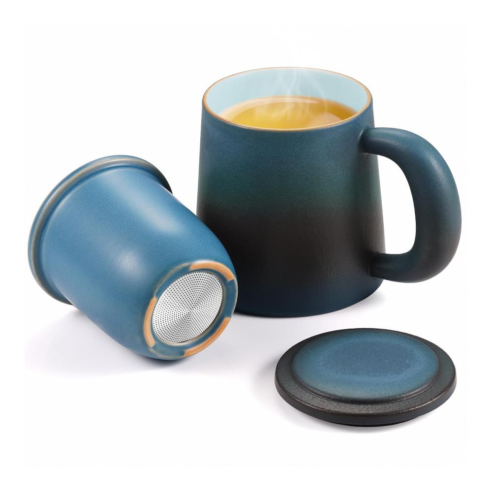 Entdecken Sie den Genuss Teetasse 420ml Keramik mit Edelstahl Teesieb & Deckel Große Teetassen Set in Blau-Schwarz Gradienten Henkel für entspannten Teegenuss - Zen Lifestyle