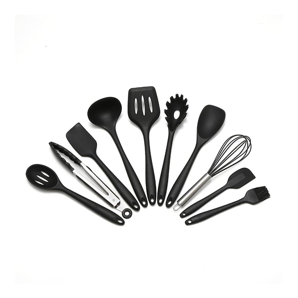 Pfannenwender Set Silikon Schwarz | 5-teiliges Küchenhelfer Set inklusive Schaber Schneebesen Grillzange und Pinsel | Hitzebeständig und Langlebig | Kochutensilien