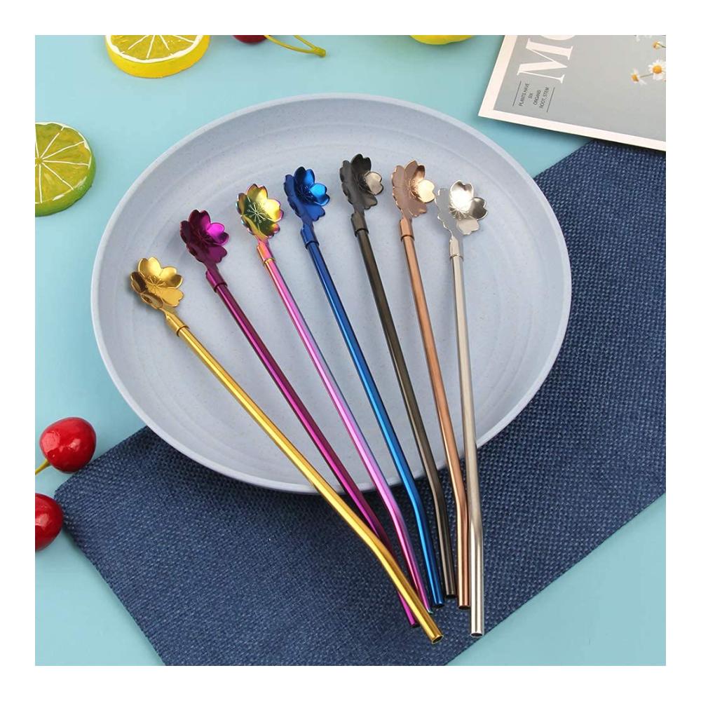 Wiederverwendbare Strohhalme 7er Set Edelstahl-Trinkhalme & Löffel 2-in-1 für Smoothies Cocktails Kaffee - Inkl. Reinigungsbürsten & Aufbewahrungsbeutel (C