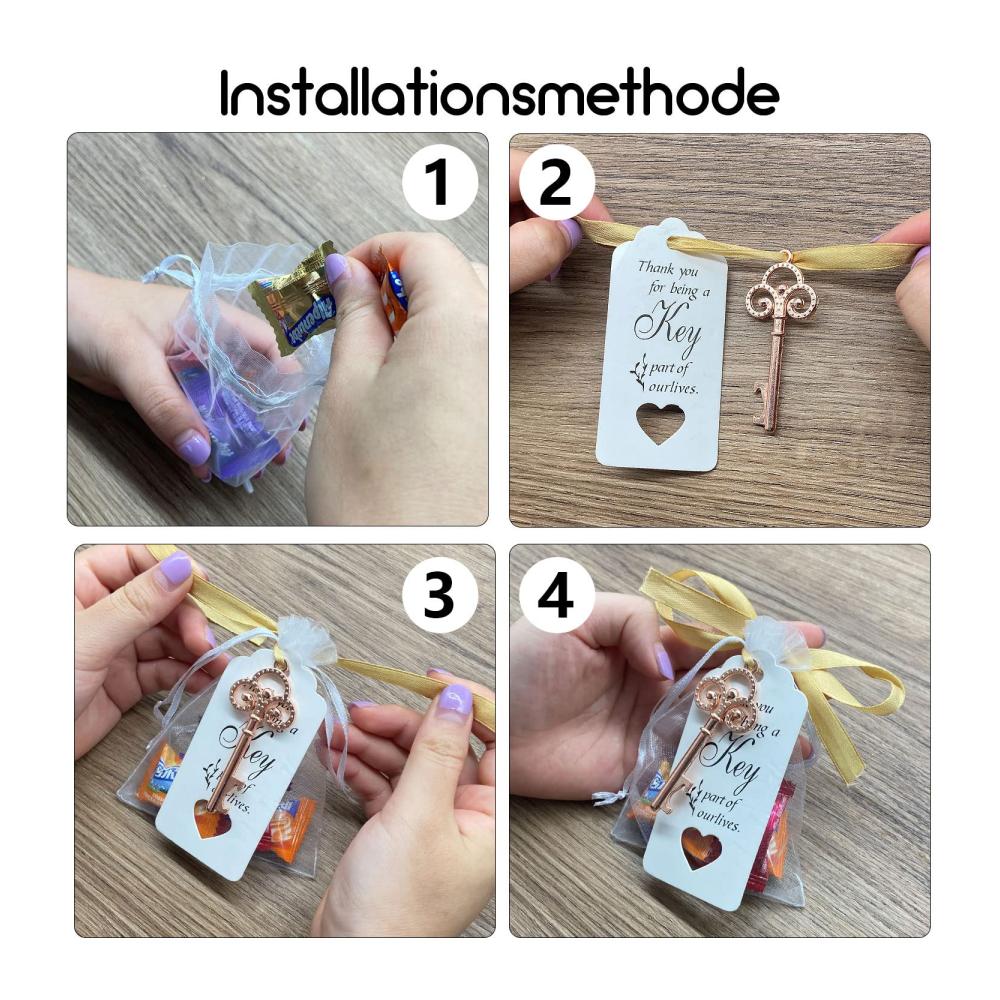 Exklusives Set 40 stilvolle Roségold Schlüssel Flaschenöffner mit Geschenkanhängern in transparenter Tasche - Perfektes Partyzubehör für Hochzeiten und Veranstaltungen Antik-Rustikale Dekoration für unvergessliche Feiern
