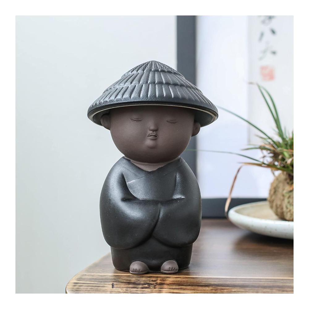 Exquisite Keramik Teetassen Set mit Mönch Figuren - Tee Abtropfschale Teefilter Porzellan Teegeschirr - Glücksbringer für losen Tee - Kungfu Tee Set Schwarz - Traditionelles Teeservice für Chinesischen und Japanischen Tee - Buddha inspiriert