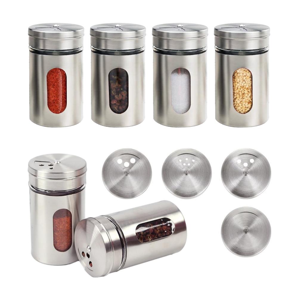 6er Set Gewürzstreuer aus Edelstahl | 100ml Gewürzdosen mit Sichtfenster | Runde Gewürzgläser mit Metall Streueinsatz | Perfekte Aufbewahrung für Salz Pfeffer & Gewürze | Küchen Organizer (Silber