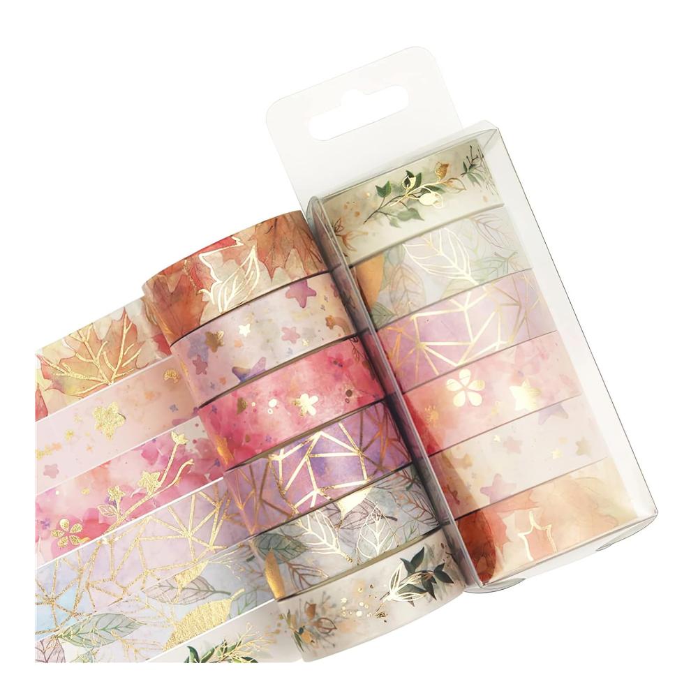 12er Pack Washi-Tape mit Blumenmuster 15mm breit Goldfoliendruck - Japanische Klebebänder für Scrapbook Bullet Journal Geschenkverpackung - Buntes Dekorband (5m