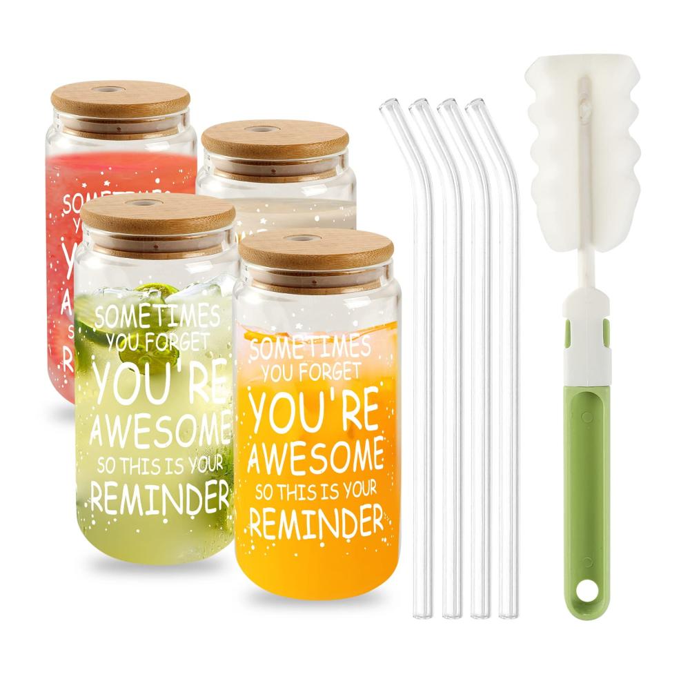 Entdecken Sie den Genuss 4er-Set Iced Coffee Cups mit Bambusdeckeln und Glasstrohhalmen | Einzigartige 16oz Bierdosenform | Stilvoller Tumbler für Smoothies Cocktails & Whiskey | Kaffee- & Teegläser die Awesome sind
