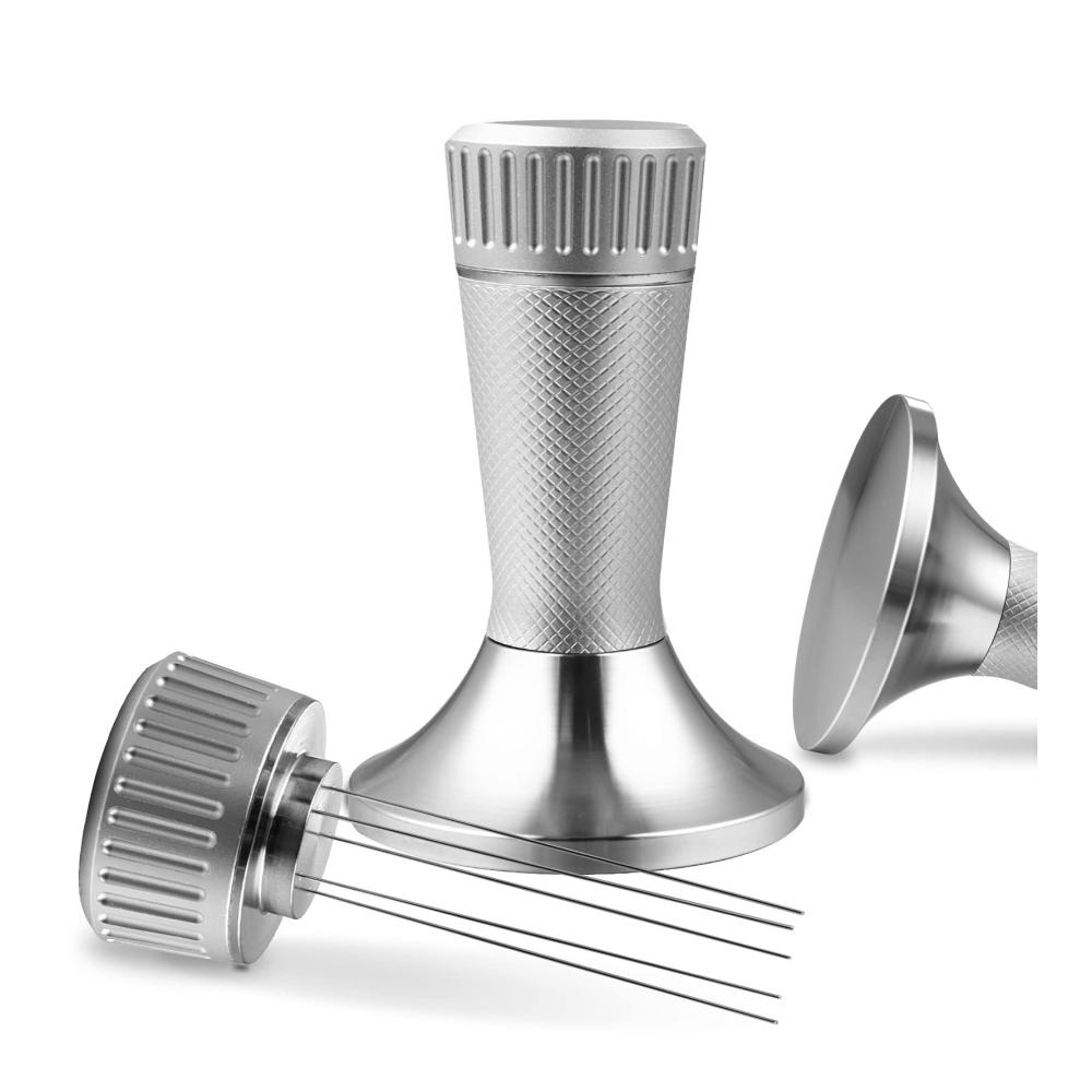 Hochwertiger Espresso Kaffee Tamper und Nadelrührer 2-in-1 aus Edelstahl 304 - Perfekte Espresso Kaffeeverteilung für Siebträgermaschinen - 58mm Silber Stempel inklusive