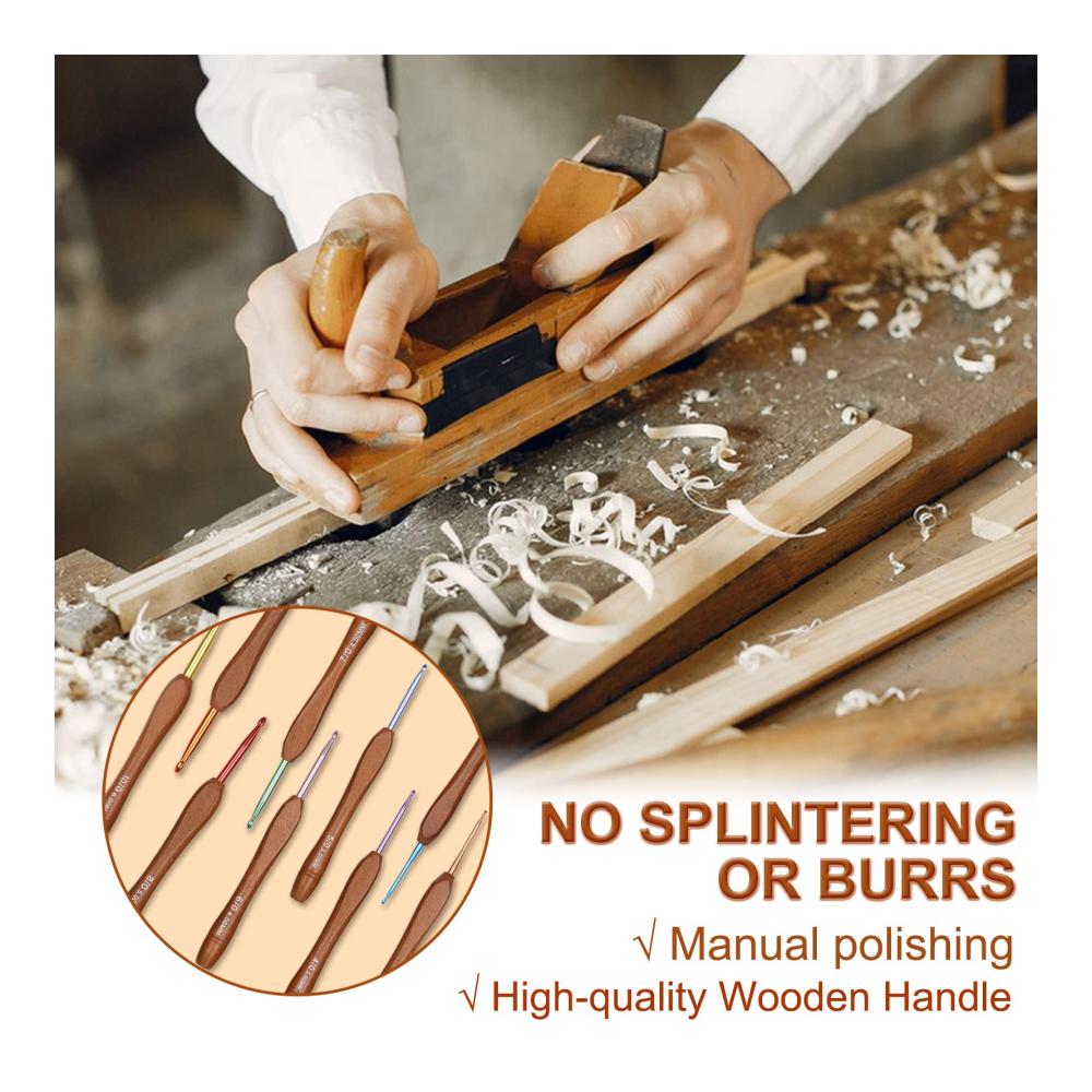 Ergonomische Häkelnadeln Set Holzgriff 9 Stück - Inkl. Grüne Aufbewahrungsbox - Ideal für Arthritische Hände - Leichte Starter Häkelnadeln 20-60 mm - Mit Bunte Aluminium-Hakenkopf