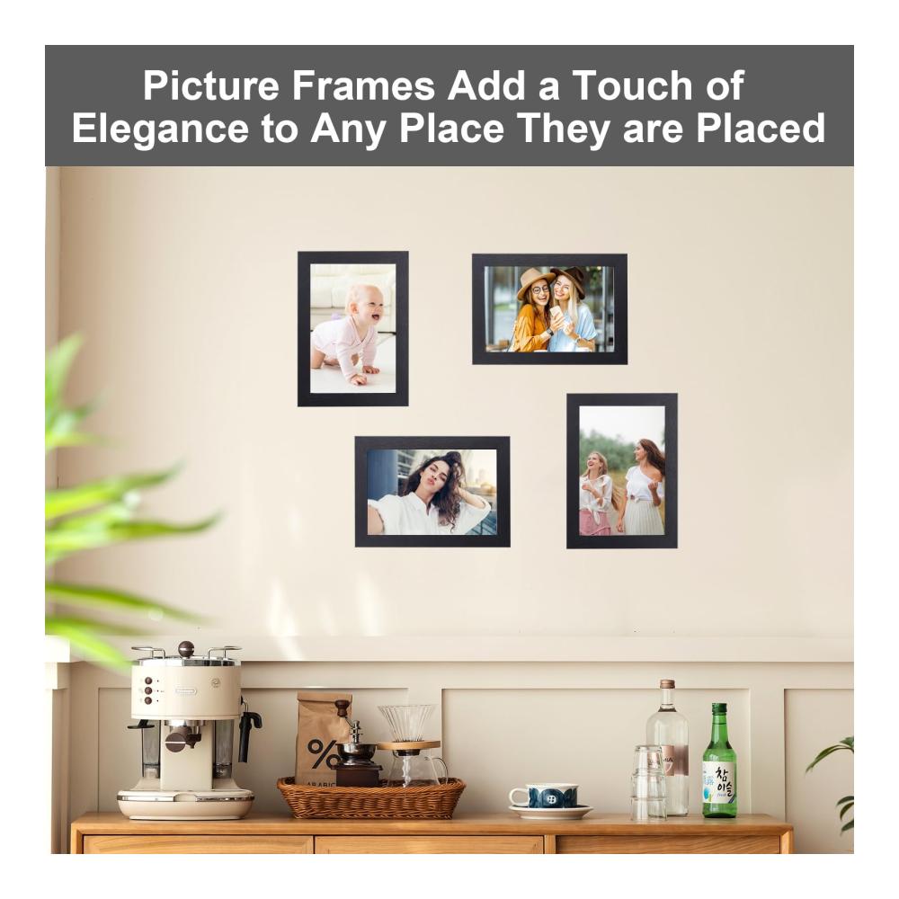 Hochwertiges 4er Set Bilderrahmen 10x15 cm - Schwarz Holzbilderrahmen für Wand & Tischdekoration - Ideales Geschenk für Fotoerinnerungen