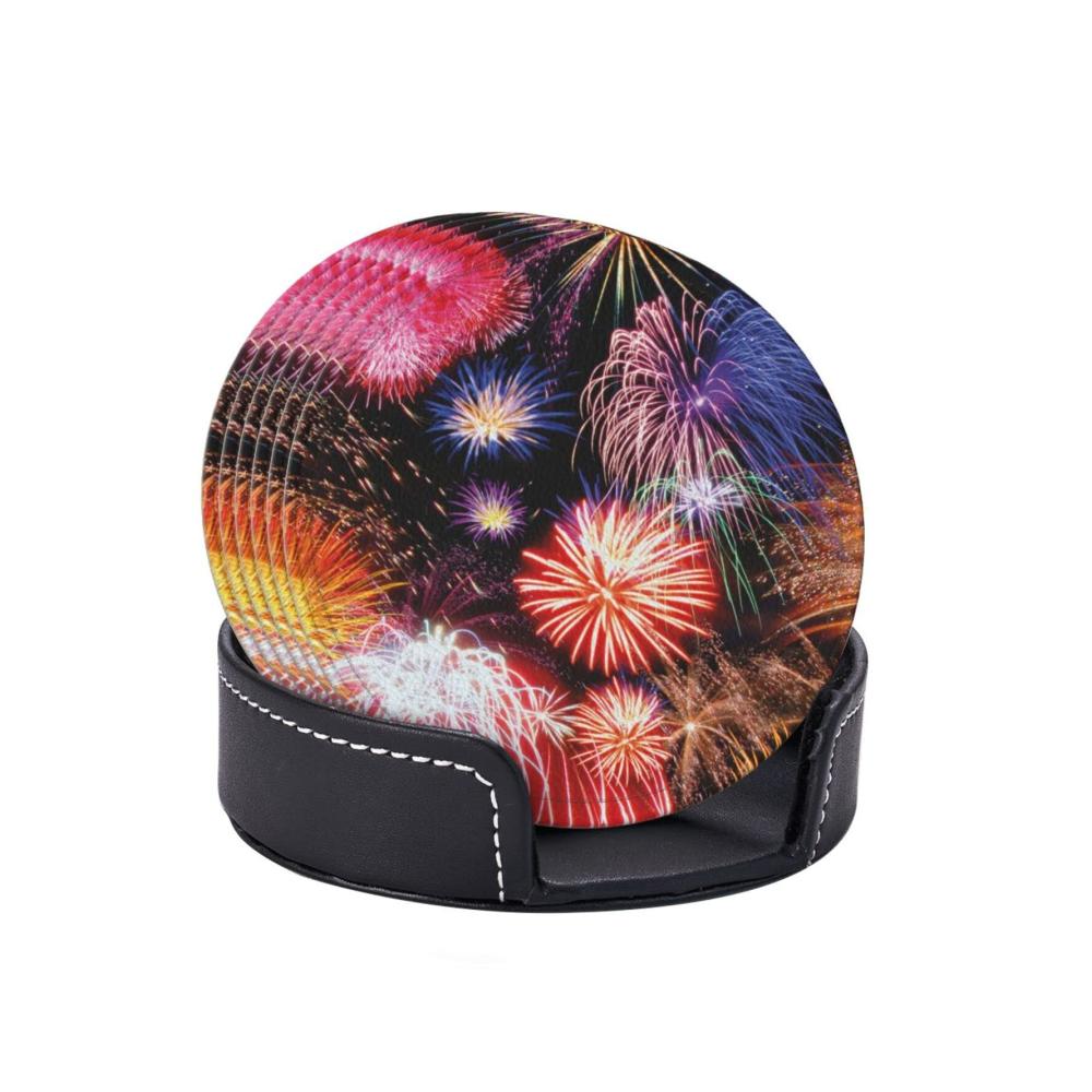 Exklusive Leder Untersetzer Set 6 Stück mit faszinierendem Feuerwerk-Design | Hochwertige runde Getränkeuntersetzer für Zuhause und Büro | Stilvoller Schutz für Ihre Oberflächen