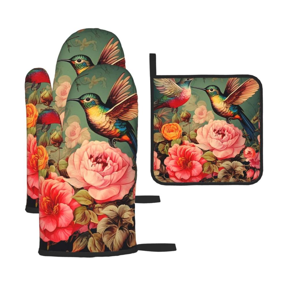 Retro Ofenhandschuhe im Vintage-Stil | Kolibri Rosen | Wasserdichtes Set mit 3 Ofenhandschuhen für Kochen Backen Grillen & mehr in der Küche & Mikrow