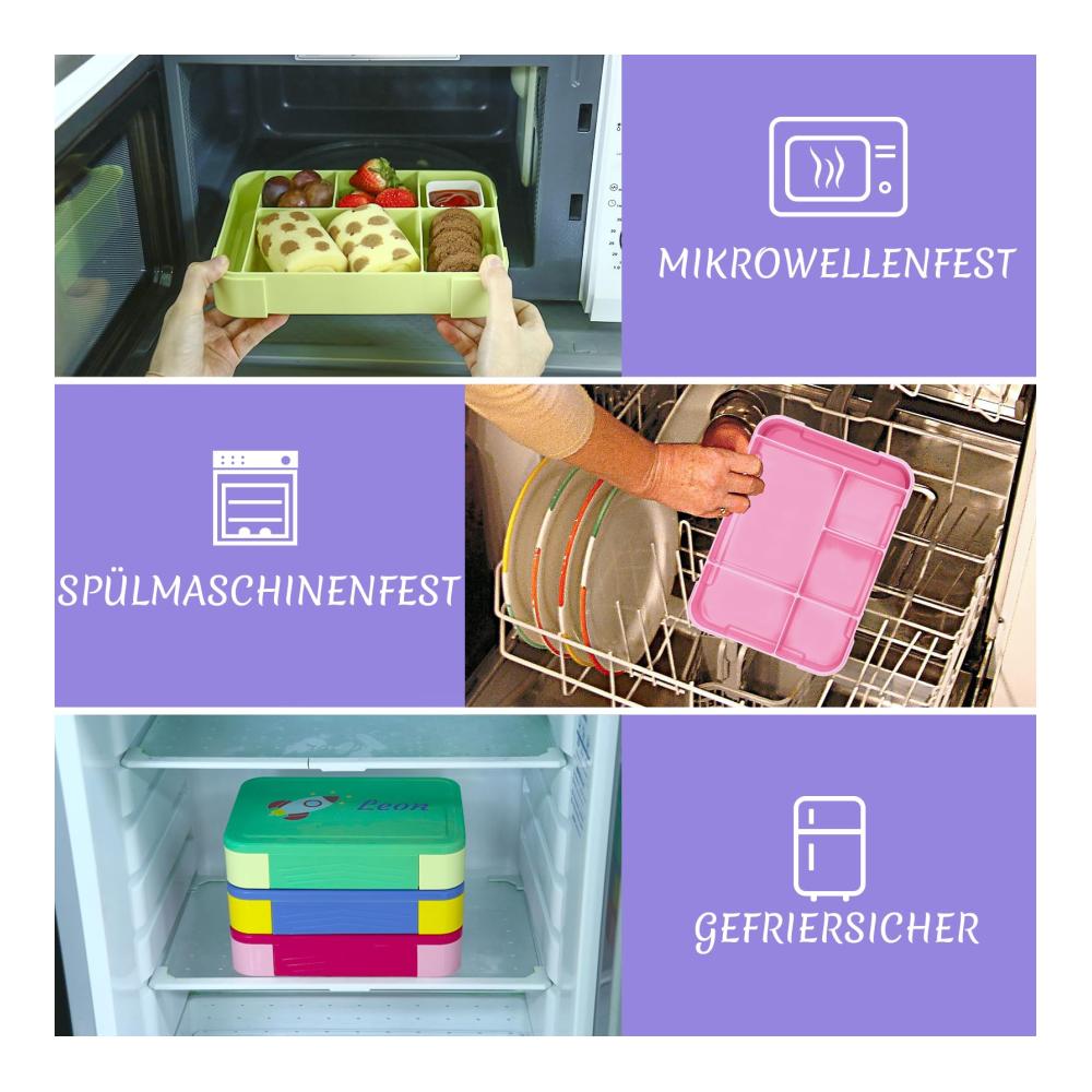 Premium Lunchbox für Kinder mit personalisierter Namensgravur | Auslaufsicher und BPA-frei | Brotdose mit Fächern für Schule und Kindergarten | 62 Muster zur Auswahl | Mädchen und Jungen | 1330ml Kapazität | Ideale Jausenbox für Kita und unterwegs