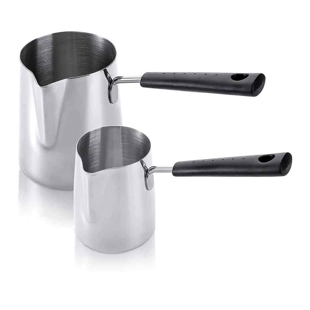 Entdecken Sie das 2er-Set Kaffeekannen & Milchwärmer für Herdplatte - Perfekt zum Aufschäumen von Milch und Schmelzen von Schokolade und Saucen
