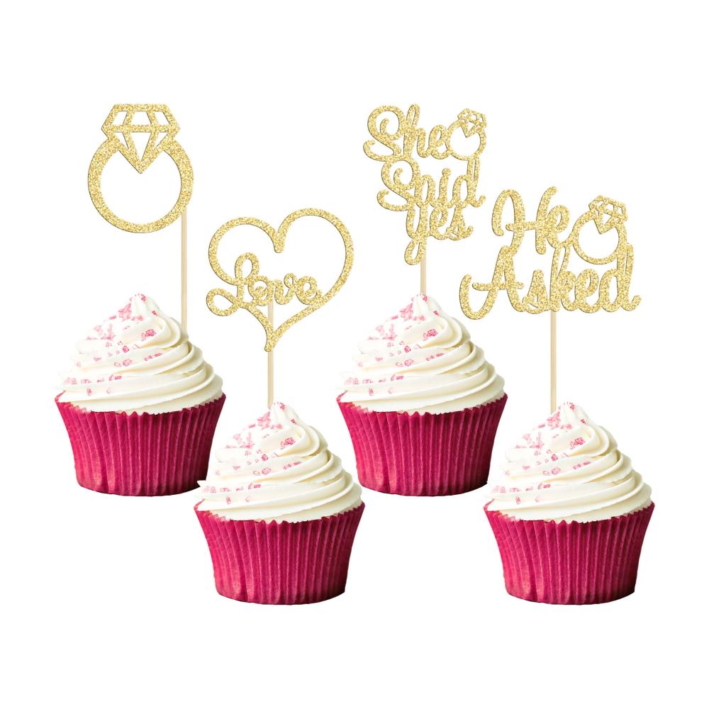 Tortendekorationssets Goldene Cupcake-Topper mit He Asked She Said Yes Aufschrift für Hochzeit Verlobung und Partys - 24 Stück Glitzer Diamant Ring Herz Liebe