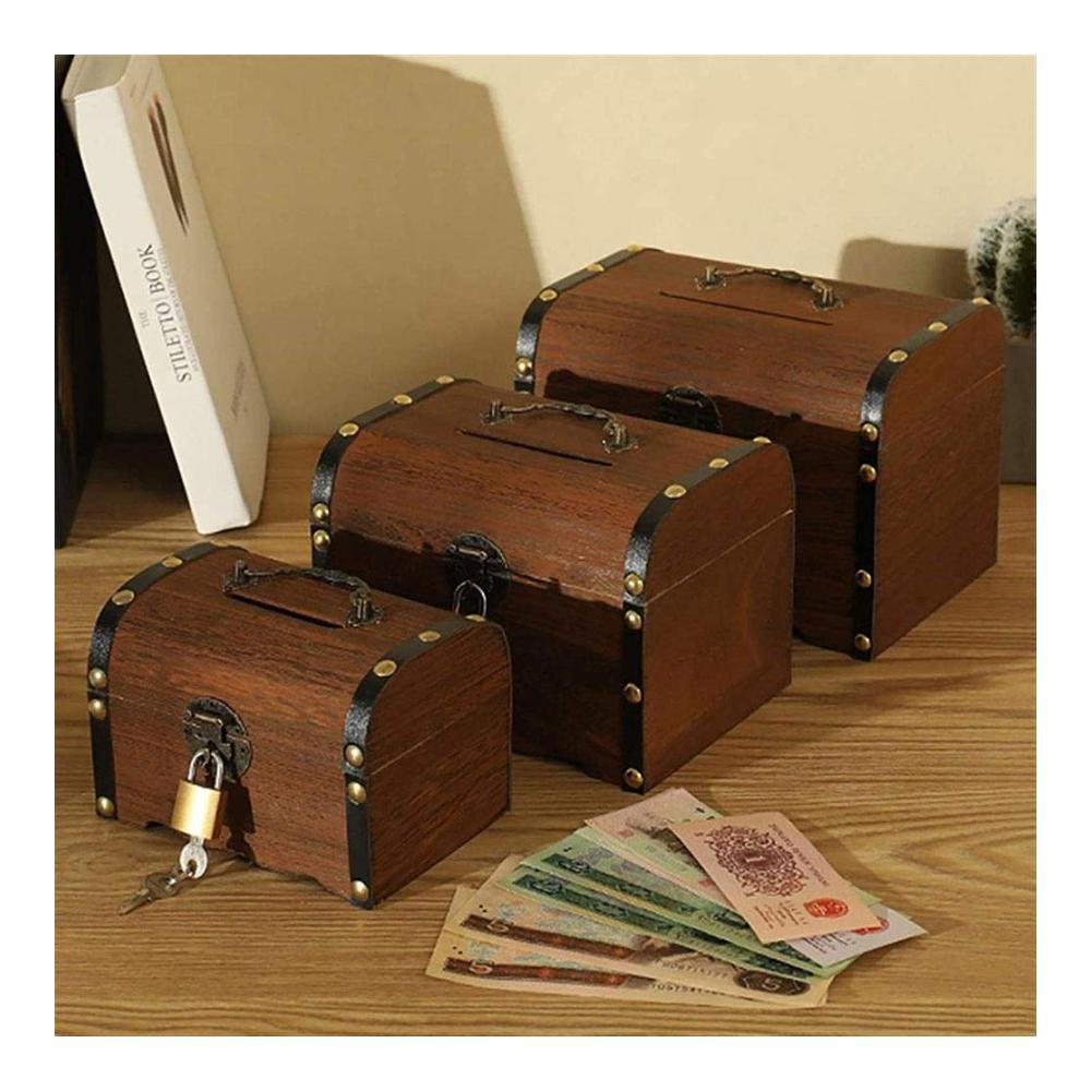 Vintage Spardose aus Holz - Schatztruhe mit Schloss - Münzgeld-Aufbewahrungskoffer - Sichere Münzsparbank - Heimdekoration & Geschenke - Braun