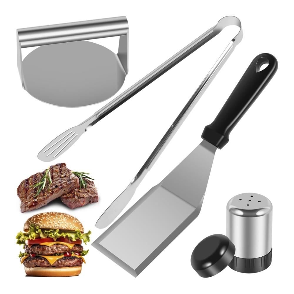 Edelstahl Fleischhämmer & Burgerklopfer Set - Profi Burgerpressen Kit für saftige Patties - Inklusive Bratenspatel Lebensmittelzange Fleischpresse & Pfefferstreuer - Premium Zubereitung von Burgersteaks
