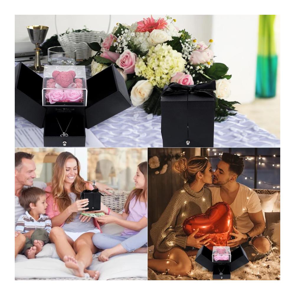 Konservierte Blumen Ewige Rosen & Halskette BärGeschenkbox - Ideales Geschenk für Frauen Mama Freundin zu Weihnachten Erntedankfest Geburtstag & mehr! Perfekt für Muttertag Jubiläum & Valentinstag