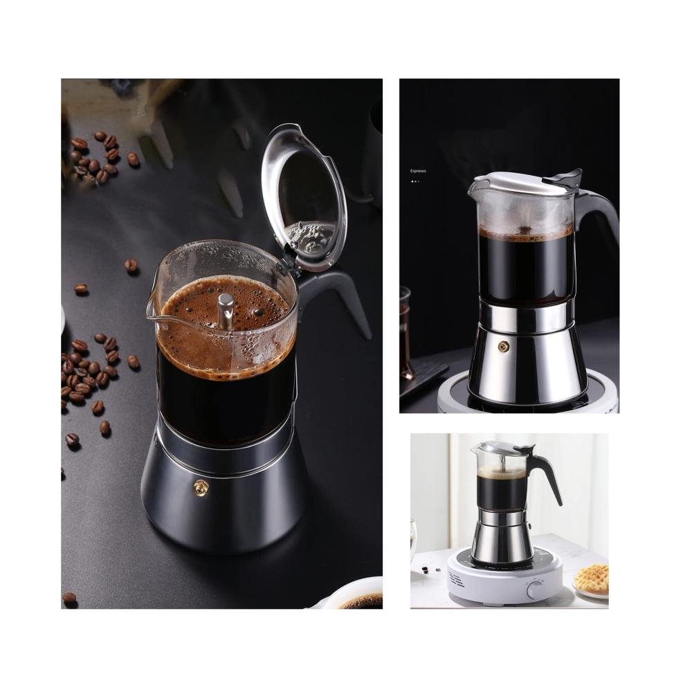 Erstklassiger Espressokocher Klassische italienische Kaffeemaschine für 4 Tassen | Edelstahl Moka-Kanne mit Kristallglasplatte