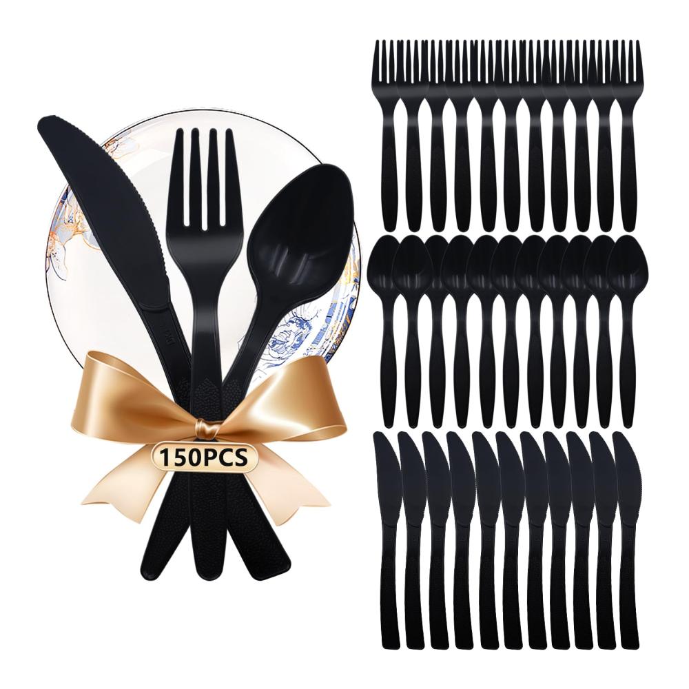 150er Set Premium Plastikbesteck | Wiederverwendbare Gabeln Messer Löffel | Schwarzes Party Besteck für stilvolle Familienfeiern und Outdoor Dinner | Hochwertige Qualität | Umweltfreundlich und praktisch