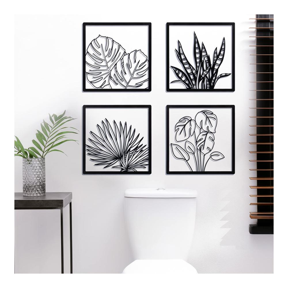 Entdecken Sie Eleganz Exklusive 4-teilige Metall Wandskulpturen - Tropische Palmenblätter im quadratischen Hohl-Design 10 x 10 Zoll mit stilvollem Rahmen für Wohnzimmer Badezimmer Schlafzimmer und Esszimmer. Verleihen Sie Ihren Wänden einen Hauch von