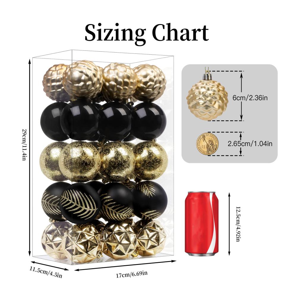 12er Set 315 Weihnachtsbaumkugeln in Schwarz & Gold 80mm - Bruchsichere Kunststoff-Weihnachtsdeko Ideal für Festtage Hochzeiten & Partys