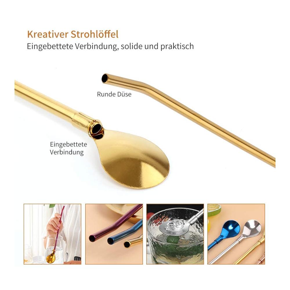 Wiederverwendbare Strohhalme 7er Set Edelstahl-Trinkhalme & Löffel 2-in-1 für Smoothies Cocktails Kaffee - Inkl. Reinigungsbürsten & Aufbewahrungsbeutel (C