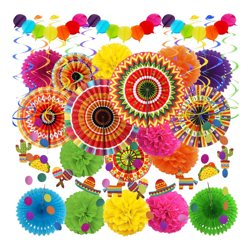 Fiesta Deluxe 100-teiliges Partyzubehörset & Dekoration für Mexikanische Cinco De Mayo Taco Mottoparty Geburtstagsfeier - Inklusive farbenfroher Papierfächer Pom Poms und Girlanden. Perfekte Urlaubsparty Dekorationen für eine unvergessliche Feier