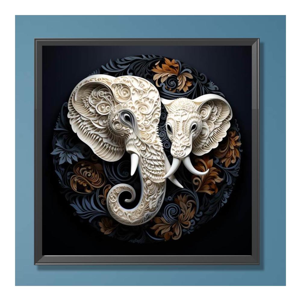 Kreatives DIY-Glasmalerei-Set 5D Diamantgemälde - Weiße Elefant-Reliefs im runden Bohrer-Stil für Heimdekoration - 30 x 30 cm