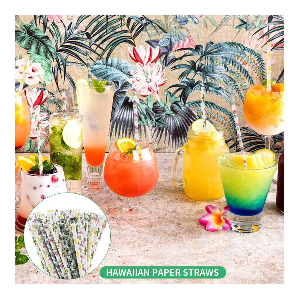 Strohhalme 200 Stück Biologisch Abbaubare Papierstrohhalme mit Sommermotiven für Flamingo- und Kaktusmuster ideal für Luau-Partys und Hochzeiten - Nachhaltiges Trinkvergnügen