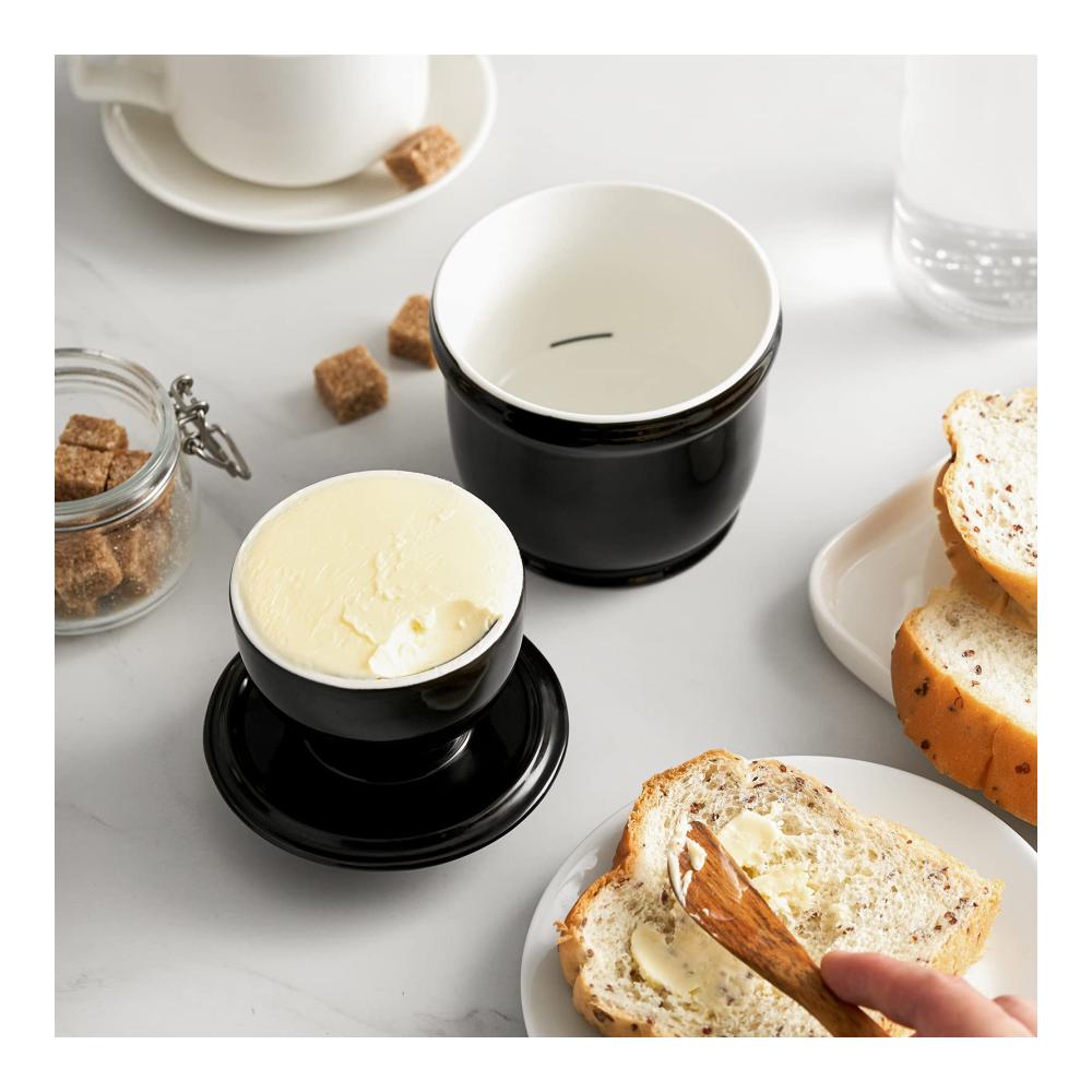 Butterdose Porzellan 180ml | Französische Butterdose mit Wasserlinie | Wassergekühlt | Runder Behälter für frische Butter | Schwarz | Premium Aufbewahrung für Butterliebhaber