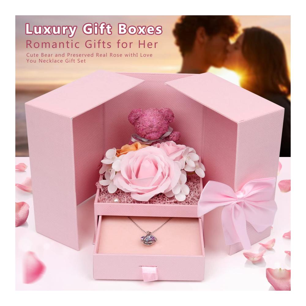 Konservierte Rosenbox mit Herzanhänger – Romantisches Geschenkset für Frauen Ewige Rose in Schmuckbox perfekt für Muttertag und Valentinst